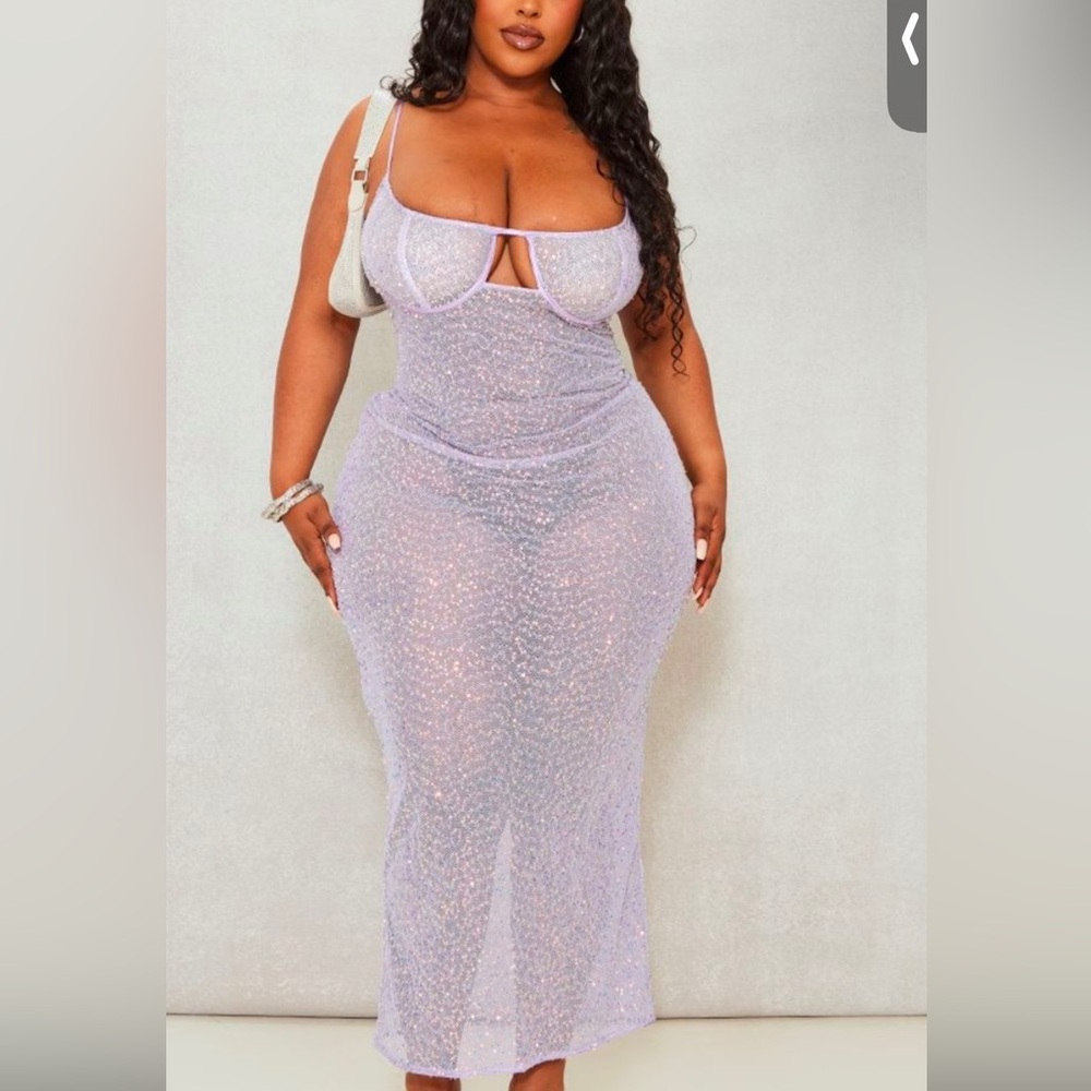 PLUS Lilac SHEER SEQUIN UNDERWIRED STRAPPY MIDI DRESS